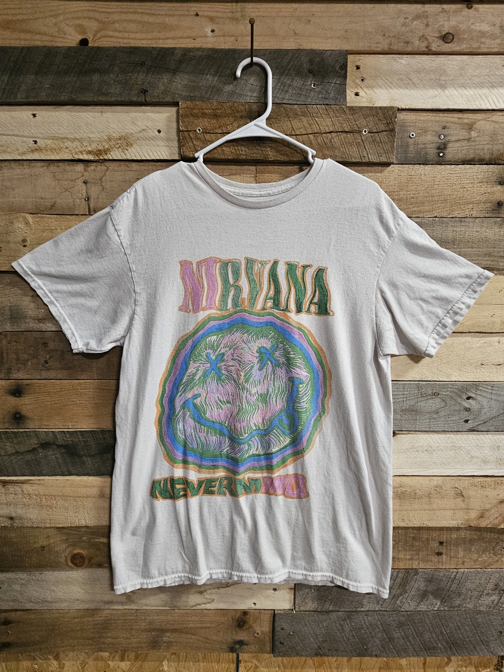 Nirvana Nevermind Graphic Tee — Multicolor Logo on White